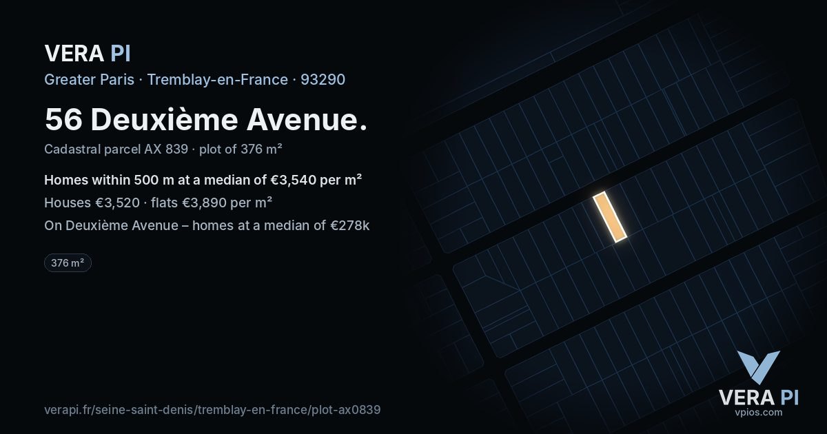 56 Deuxième Avenue, Tremblay-en-France at night – the plot lit, the parcels around coloured by the prices near them