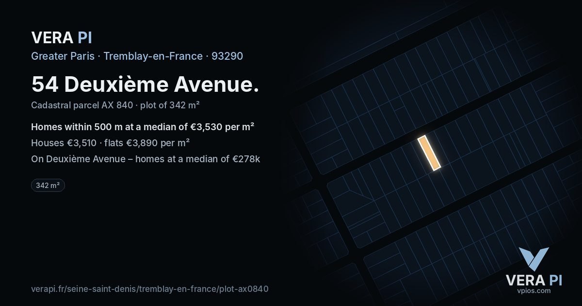 54 Deuxième Avenue, Tremblay-en-France at night – the plot lit, the parcels around coloured by the prices near them