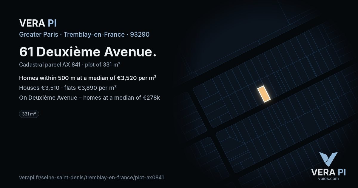 61 Deuxième Avenue, Tremblay-en-France at night – the plot lit, the parcels around coloured by the prices near them