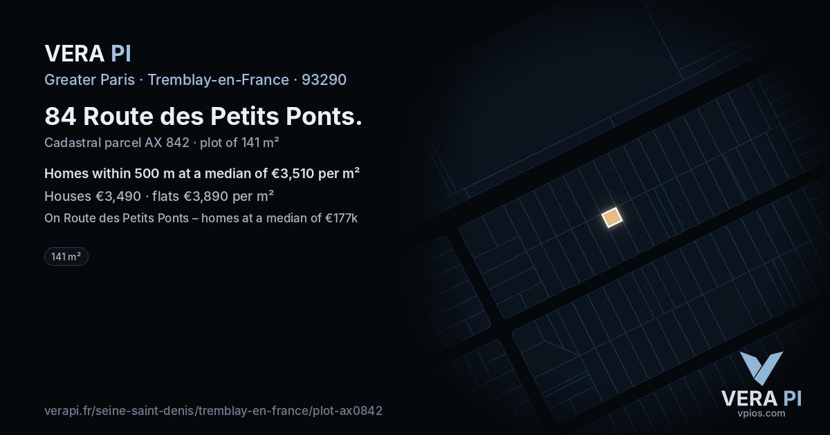 84 Route des Petits Ponts, Tremblay-en-France at night – the plot lit, the parcels around coloured by the prices near them