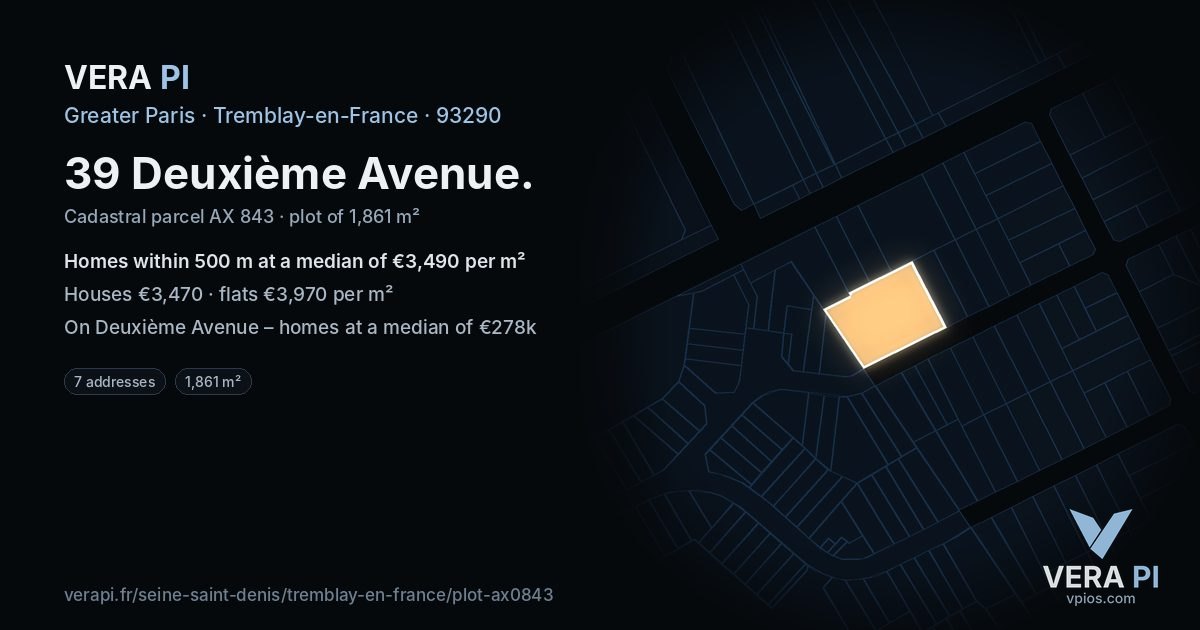 39 Deuxième Avenue, Tremblay-en-France at night – the plot lit, the parcels around coloured by the prices near them