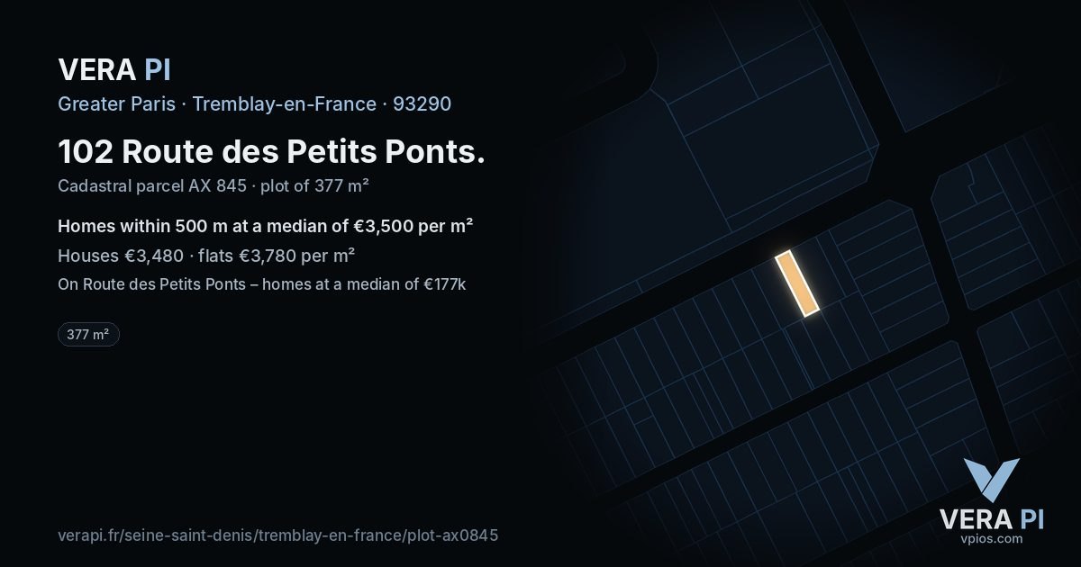 102 Route des Petits Ponts, Tremblay-en-France at night – the plot lit, the parcels around coloured by the prices near them