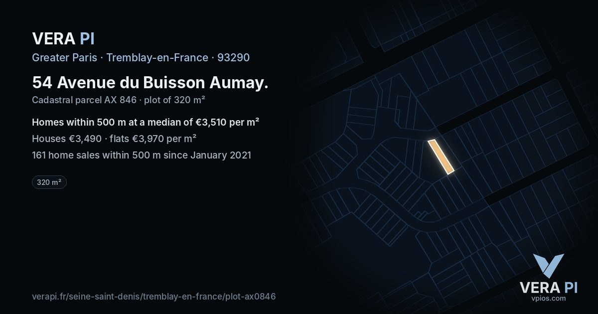 54 Avenue du Buisson Aumay, Tremblay-en-France at night – the plot lit, the parcels around coloured by the prices near them
