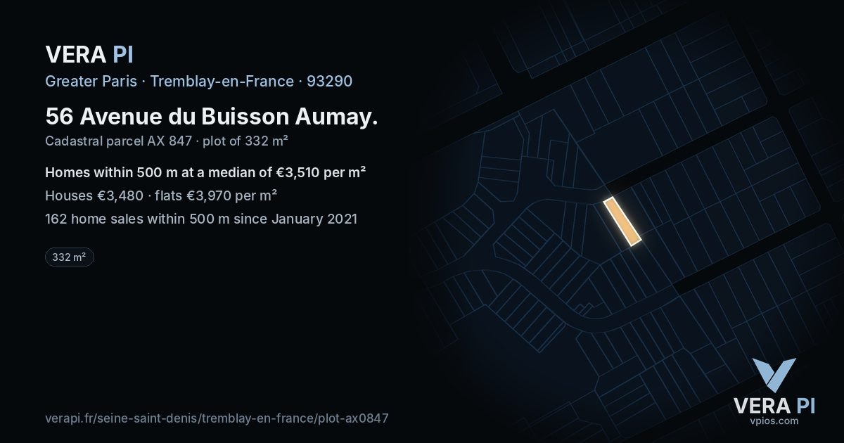 56 Avenue du Buisson Aumay, Tremblay-en-France at night – the plot lit, the parcels around coloured by the prices near them