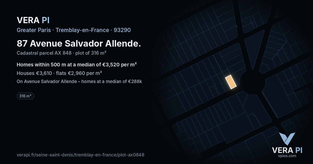 87 Avenue Salvador Allende, Tremblay-en-France at night – the plot lit, the parcels around coloured by the prices near them