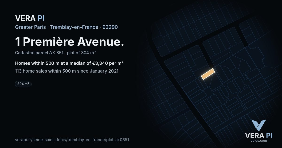 1 Première Avenue, Tremblay-en-France at night – the plot lit, the parcels around coloured by the prices near them