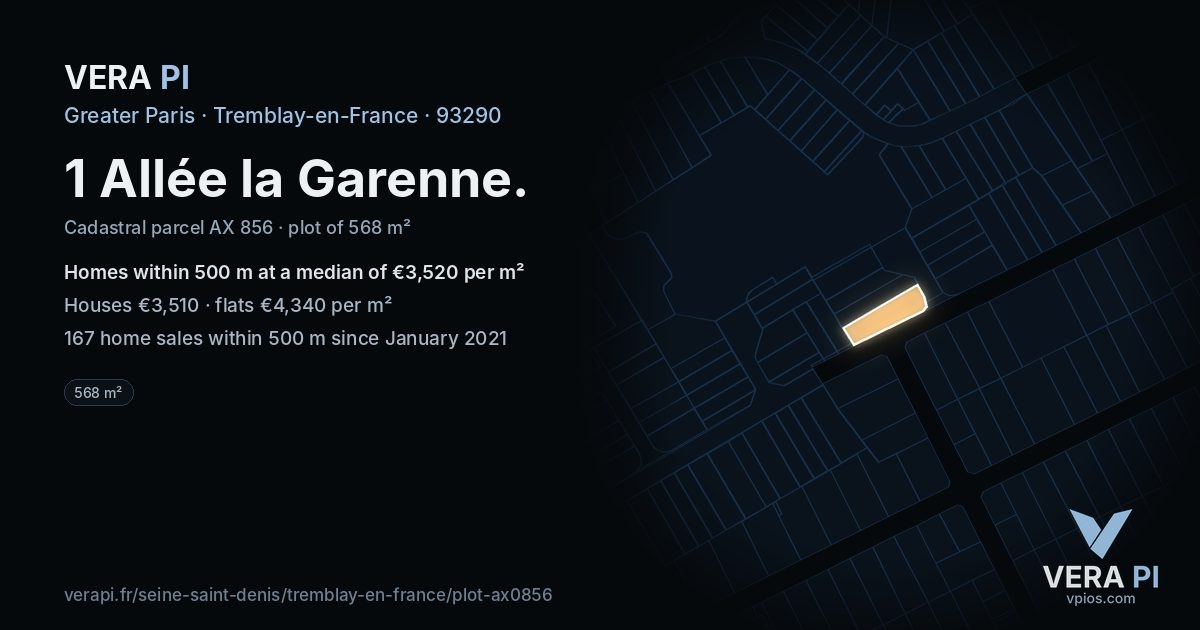 1 Allée la Garenne, Tremblay-en-France at night – the plot lit, the parcels around coloured by the prices near them