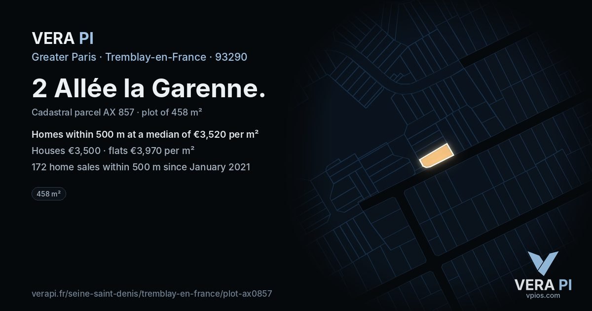 2 Allée la Garenne, Tremblay-en-France at night – the plot lit, the parcels around coloured by the prices near them
