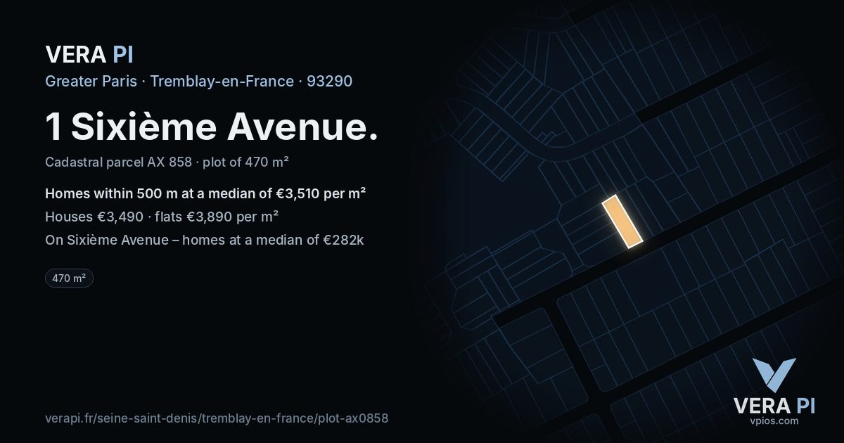 1 Sixième Avenue, Tremblay-en-France at night – the plot lit, the parcels around coloured by the prices near them