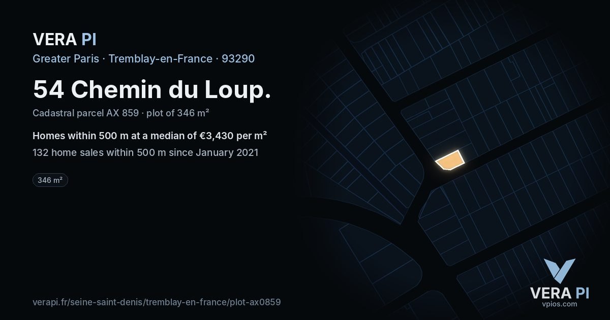 54 Chemin du Loup, Tremblay-en-France at night – the plot lit, the parcels around coloured by the prices near them