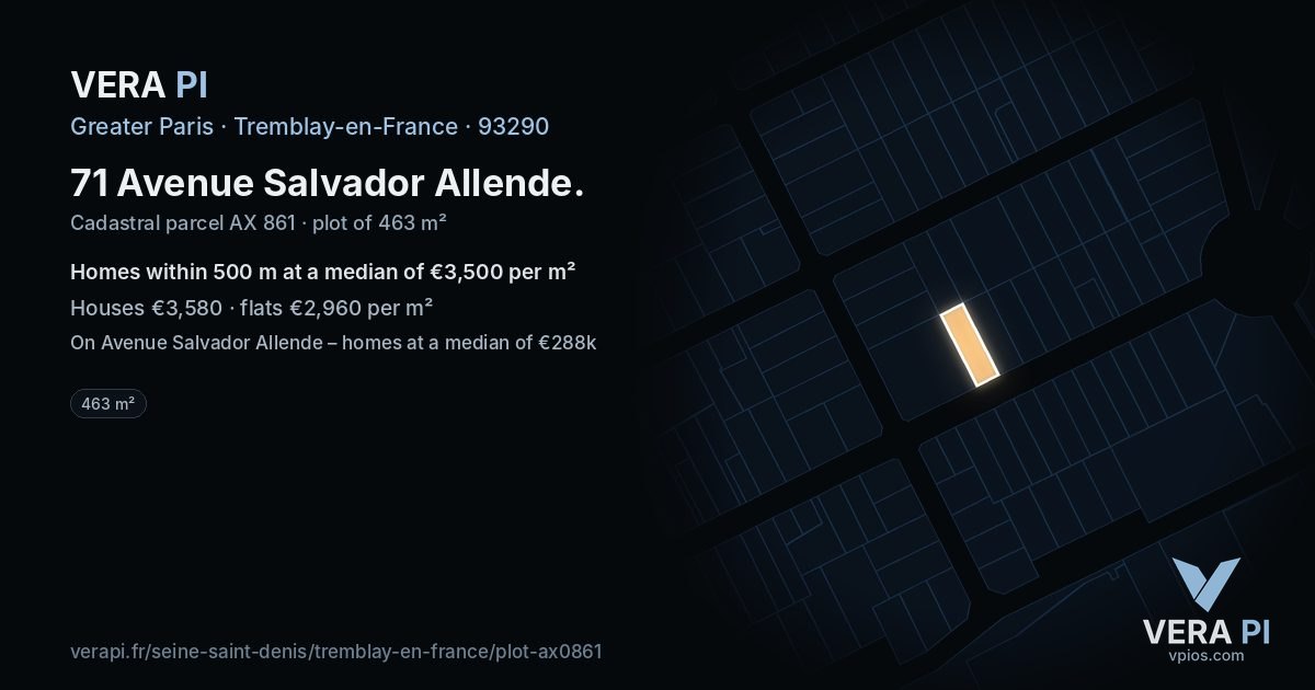 71 Avenue Salvador Allende, Tremblay-en-France at night – the plot lit, the parcels around coloured by the prices near them