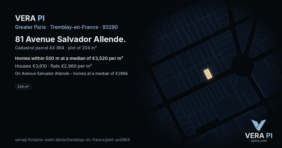 81 Avenue Salvador Allende, Tremblay-en-France at night – the plot lit, the parcels around coloured by the prices near them