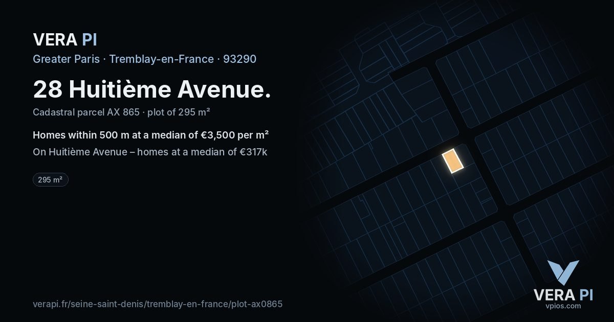 28 Huitième Avenue, Tremblay-en-France at night – the plot lit, the parcels around coloured by the prices near them
