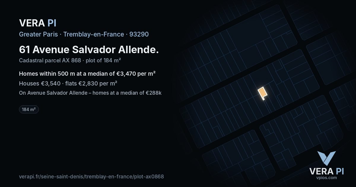 61 Avenue Salvador Allende, Tremblay-en-France at night – the plot lit, the parcels around coloured by the prices near them
