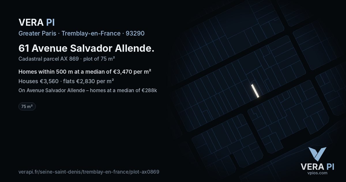 61 Avenue Salvador Allende, Tremblay-en-France at night – the plot lit, the parcels around coloured by the prices near them