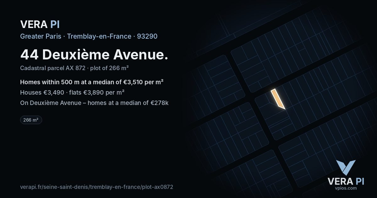 44 Deuxième Avenue, Tremblay-en-France at night – the plot lit, the parcels around coloured by the prices near them