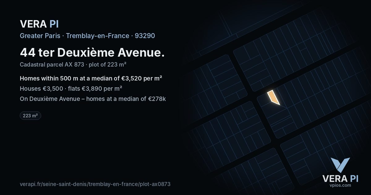 44 ter Deuxième Avenue, Tremblay-en-France at night – the plot lit, the parcels around coloured by the prices near them