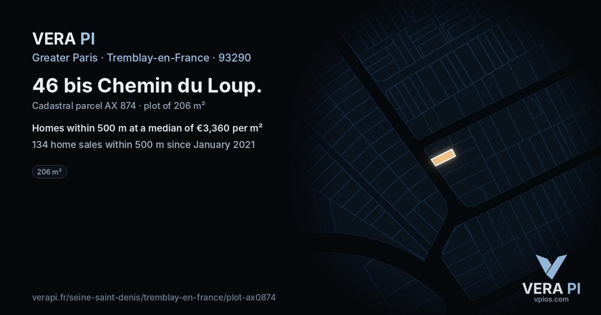 46 bis Chemin du Loup, Tremblay-en-France at night – the plot lit, the parcels around coloured by the prices near them