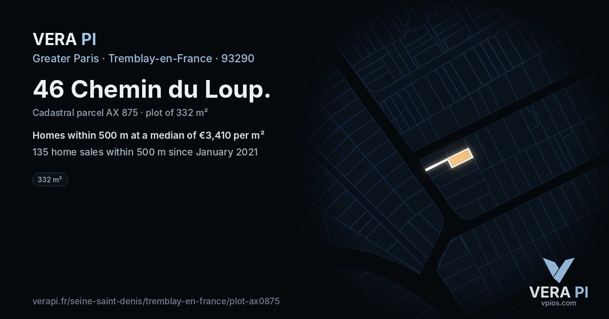 46 Chemin du Loup, Tremblay-en-France at night – the plot lit, the parcels around coloured by the prices near them