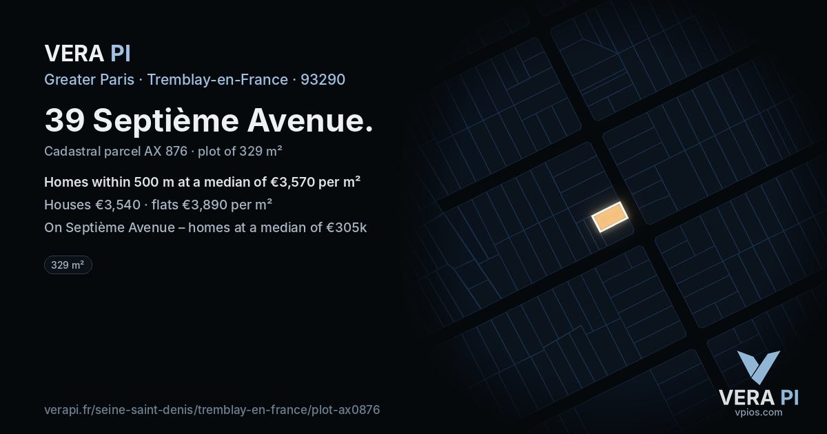 39 Septième Avenue, Tremblay-en-France at night – the plot lit, the parcels around coloured by the prices near them