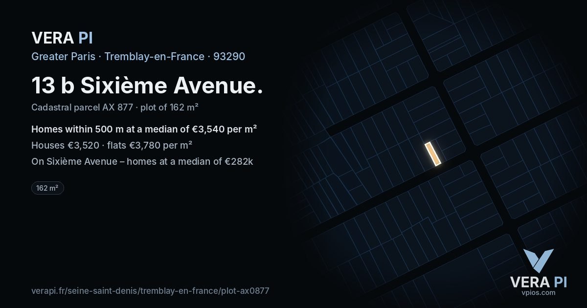 13 b Sixième Avenue, Tremblay-en-France at night – the plot lit, the parcels around coloured by the prices near them