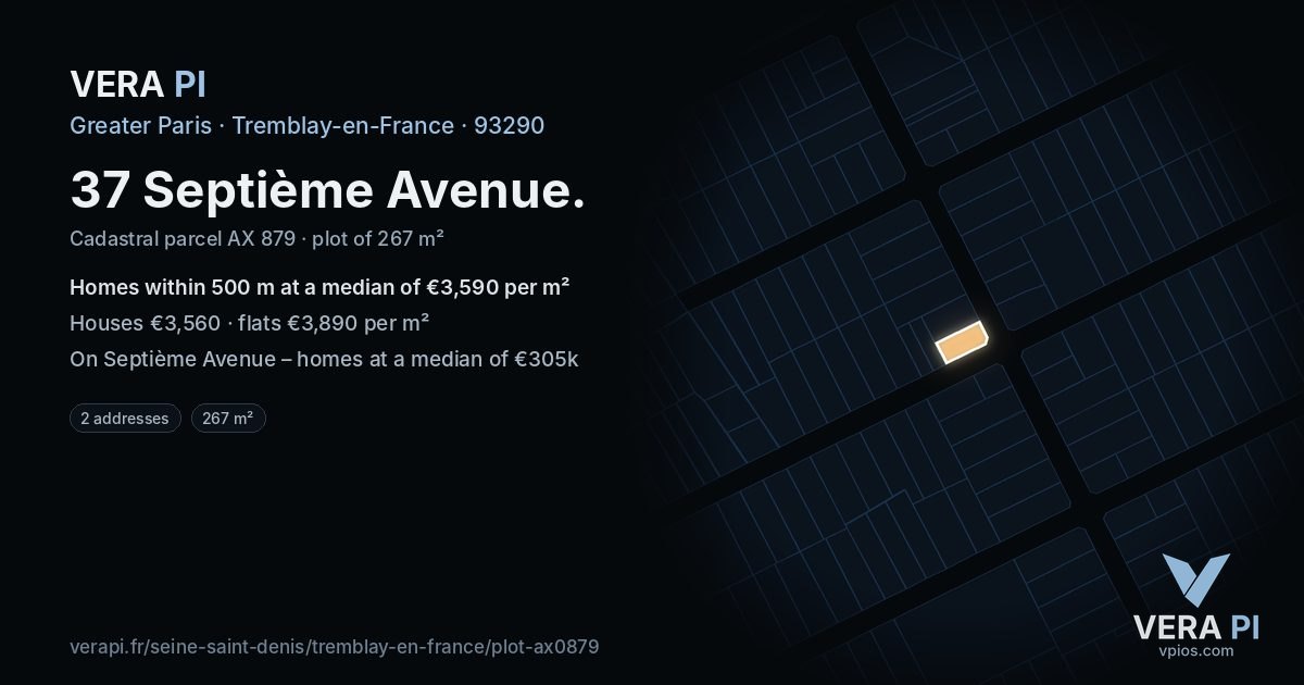 37 Septième Avenue, Tremblay-en-France at night – the plot lit, the parcels around coloured by the prices near them