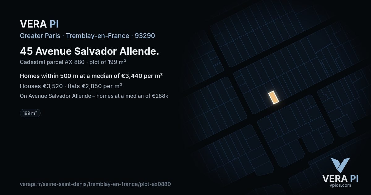 45 Avenue Salvador Allende, Tremblay-en-France at night – the plot lit, the parcels around coloured by the prices near them