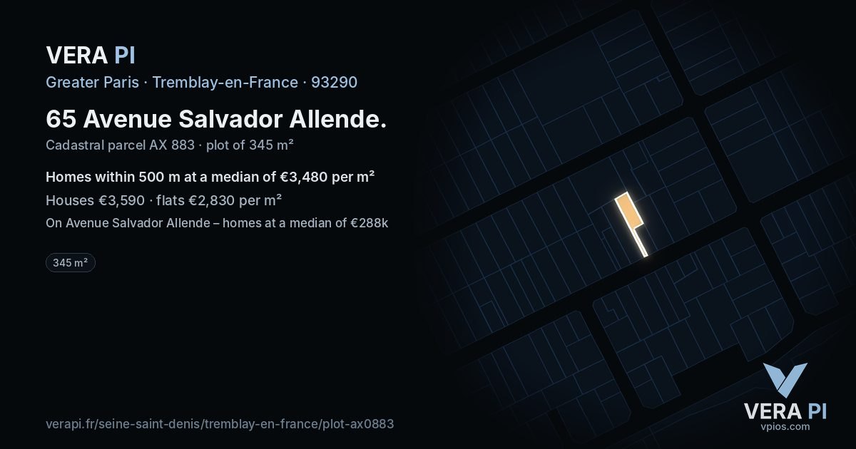 65 Avenue Salvador Allende, Tremblay-en-France at night – the plot lit, the parcels around coloured by the prices near them