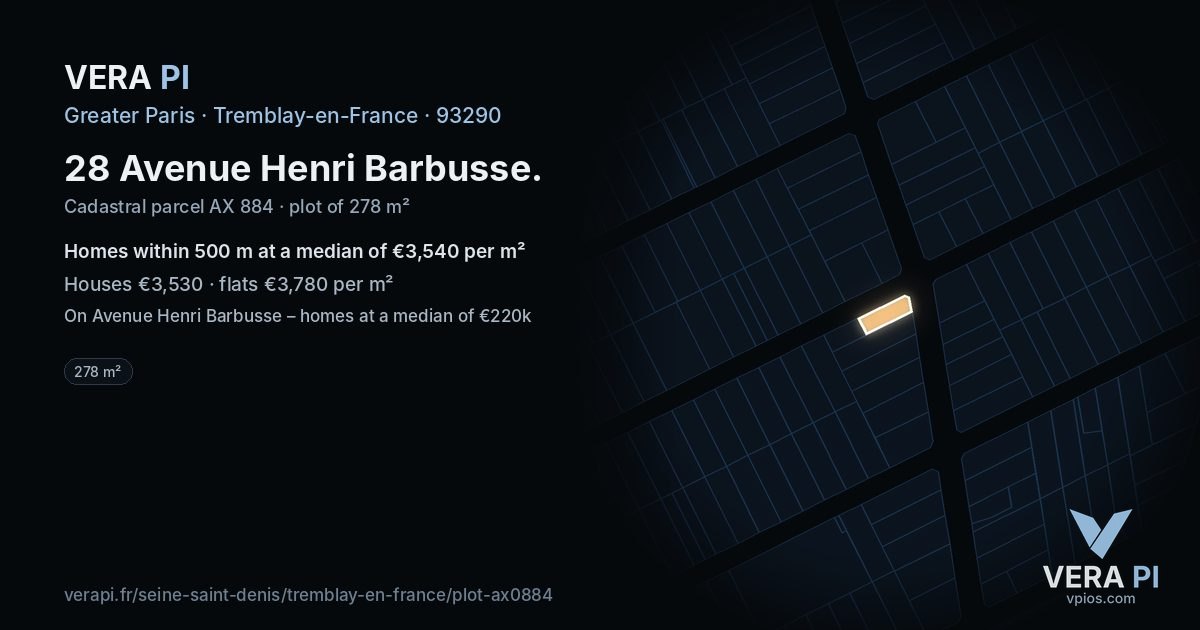 28 Avenue Henri Barbusse, Tremblay-en-France at night – the plot lit, the parcels around coloured by the prices near them