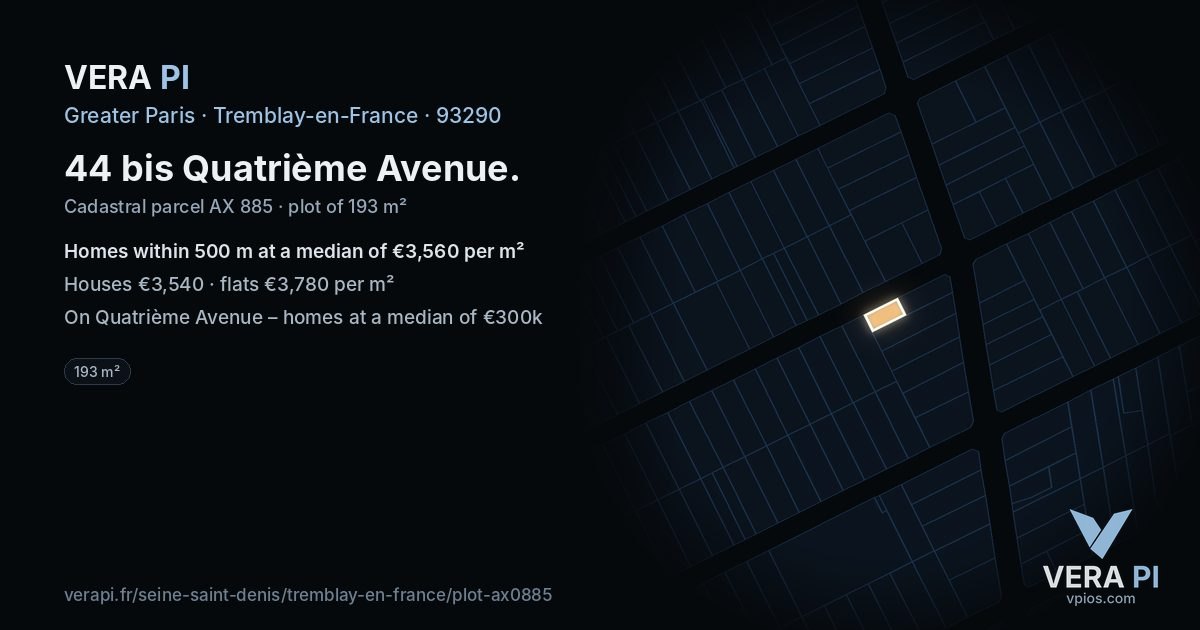 44 bis Quatrième Avenue, Tremblay-en-France at night – the plot lit, the parcels around coloured by the prices near them