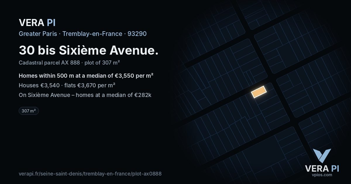 30 bis Sixième Avenue, Tremblay-en-France at night – the plot lit, the parcels around coloured by the prices near them