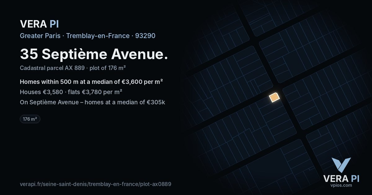 35 Septième Avenue, Tremblay-en-France at night – the plot lit, the parcels around coloured by the prices near them