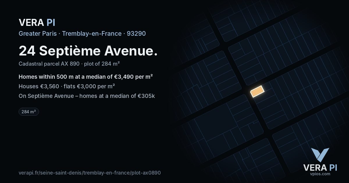 24 Septième Avenue, Tremblay-en-France at night – the plot lit, the parcels around coloured by the prices near them