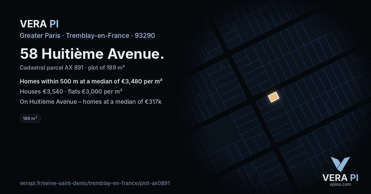 58 Huitième Avenue, Tremblay-en-France at night – the plot lit, the parcels around coloured by the prices near them