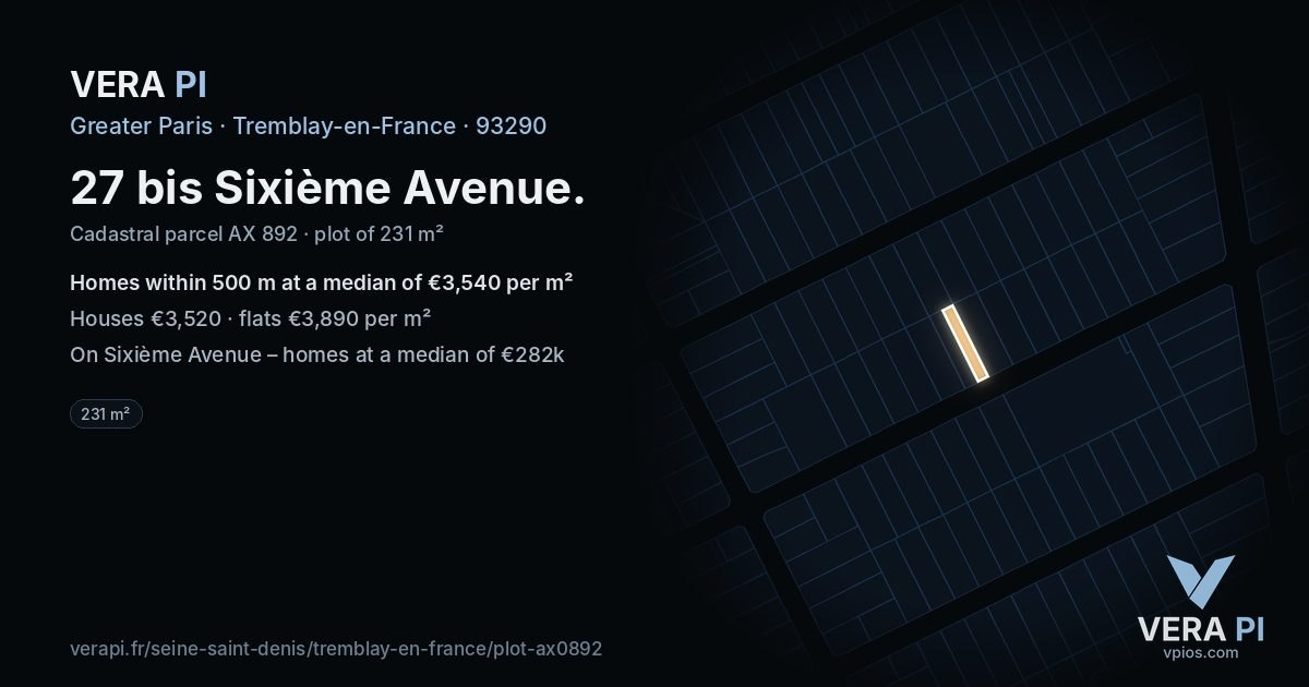 27 bis Sixième Avenue, Tremblay-en-France at night – the plot lit, the parcels around coloured by the prices near them