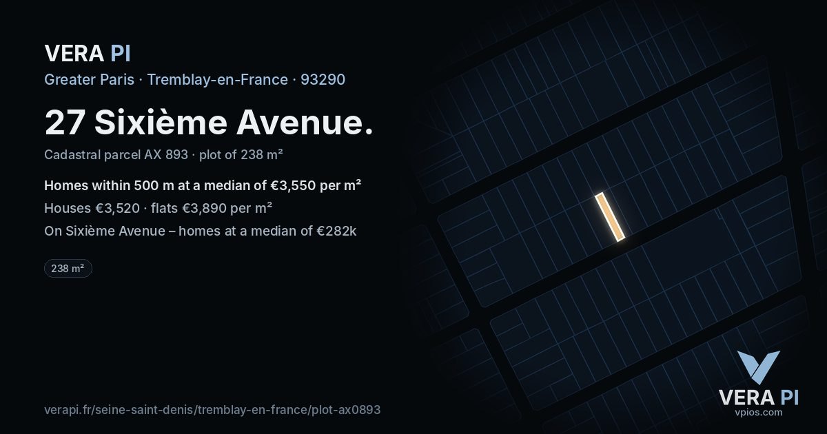 27 Sixième Avenue, Tremblay-en-France at night – the plot lit, the parcels around coloured by the prices near them