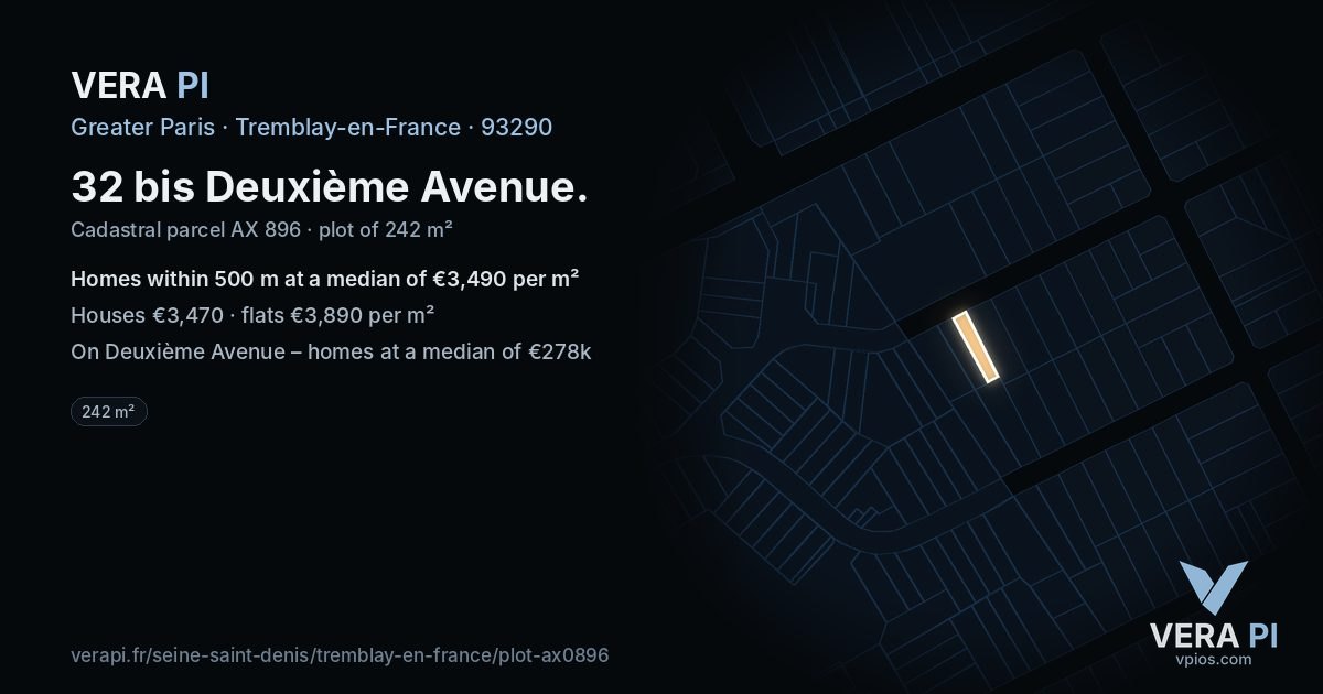 32 bis Deuxième Avenue, Tremblay-en-France at night – the plot lit, the parcels around coloured by the prices near them