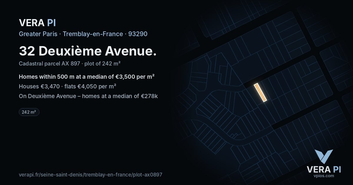32 Deuxième Avenue, Tremblay-en-France at night – the plot lit, the parcels around coloured by the prices near them