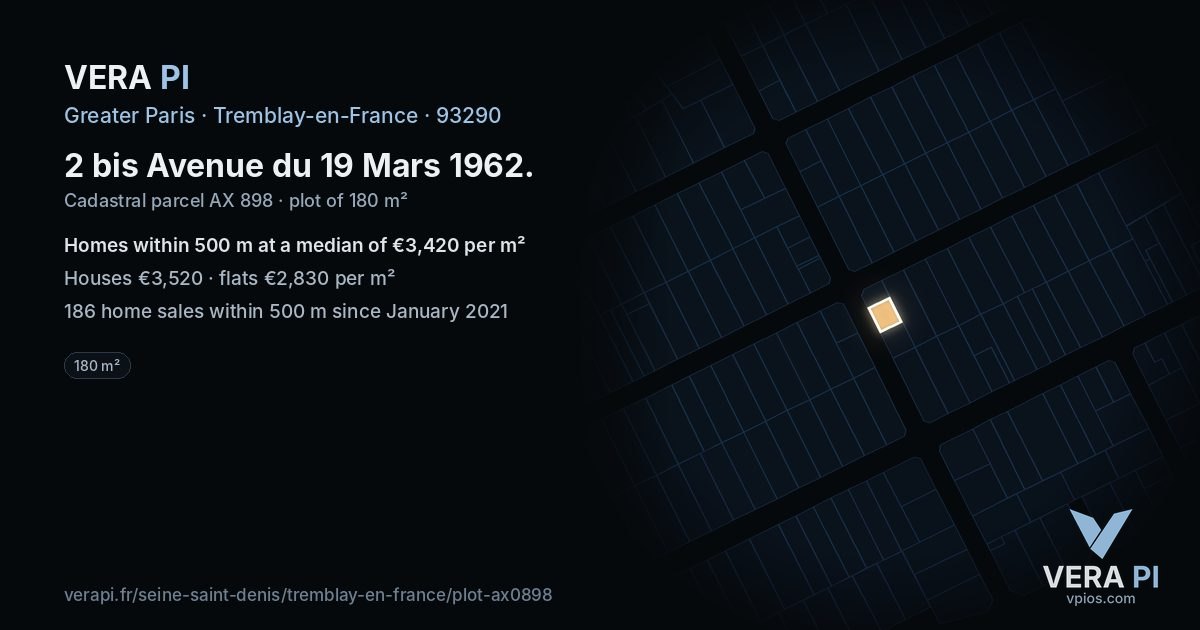2 bis Avenue du 19 Mars 1962, Tremblay-en-France at night – the plot lit, the parcels around coloured by the prices near them
