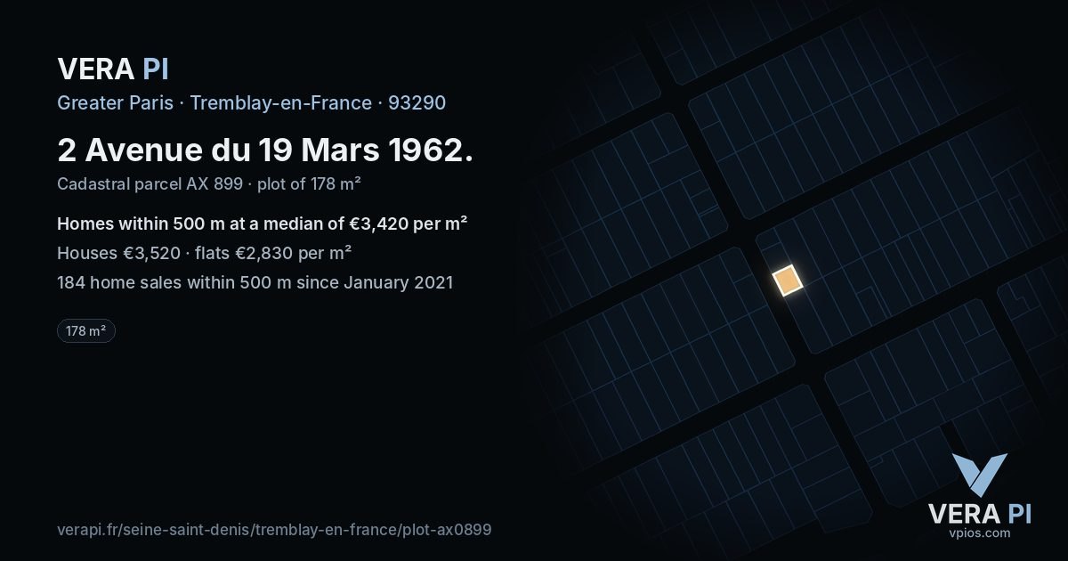 2 Avenue du 19 Mars 1962, Tremblay-en-France at night – the plot lit, the parcels around coloured by the prices near them