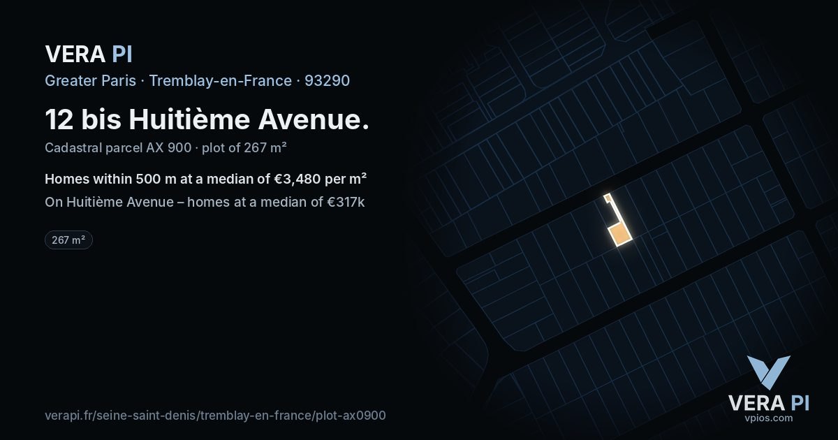 12 bis Huitième Avenue, Tremblay-en-France at night – the plot lit, the parcels around coloured by the prices near them