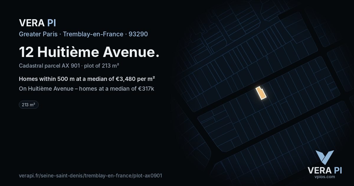 12 Huitième Avenue, Tremblay-en-France at night – the plot lit, the parcels around coloured by the prices near them