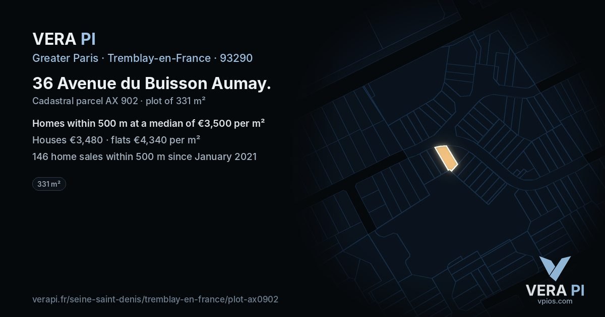 36 Avenue du Buisson Aumay, Tremblay-en-France at night – the plot lit, the parcels around coloured by the prices near them