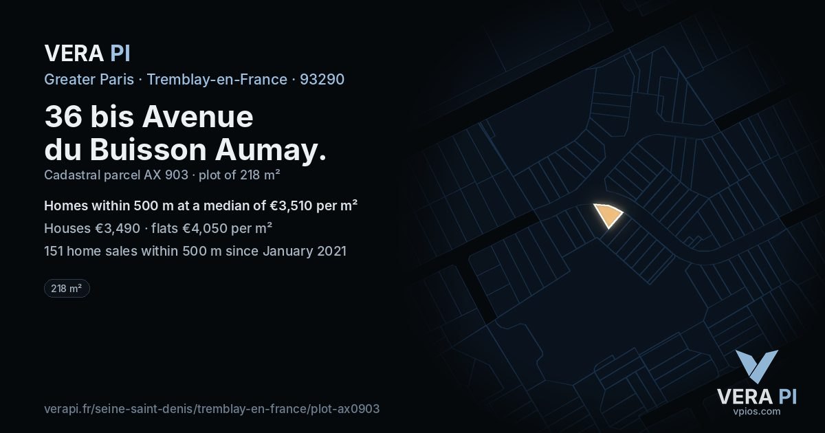 36 bis Avenue du Buisson Aumay, Tremblay-en-France at night – the plot lit, the parcels around coloured by the prices near them