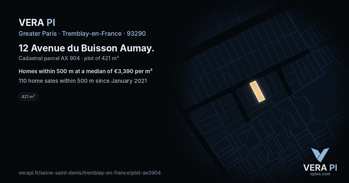 12 Avenue du Buisson Aumay, Tremblay-en-France at night – the plot lit, the parcels around coloured by the prices near them