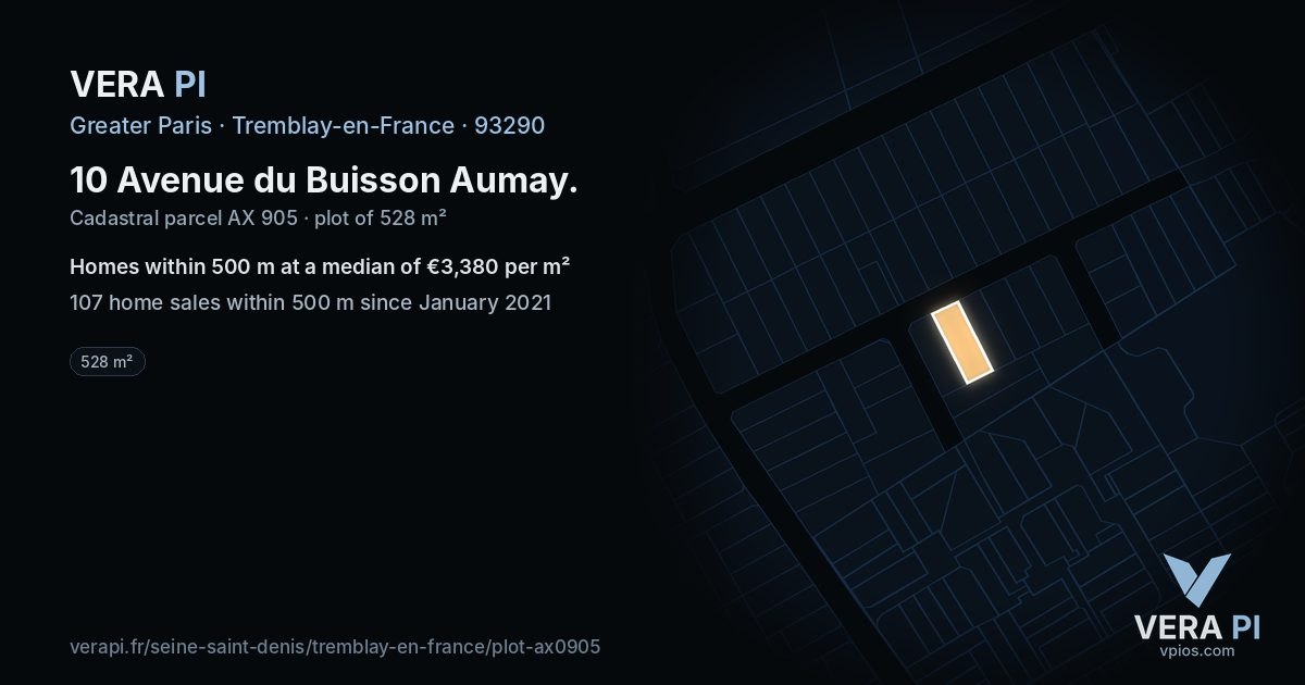 10 Avenue du Buisson Aumay, Tremblay-en-France at night – the plot lit, the parcels around coloured by the prices near them