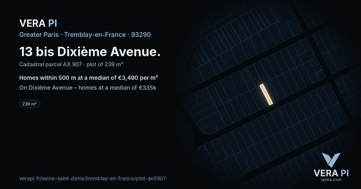 13 bis Dixième Avenue, Tremblay-en-France at night – the plot lit, the parcels around coloured by the prices near them