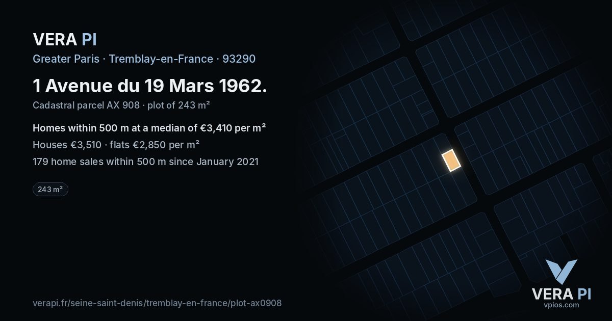 1 Avenue du 19 Mars 1962, Tremblay-en-France at night – the plot lit, the parcels around coloured by the prices near them