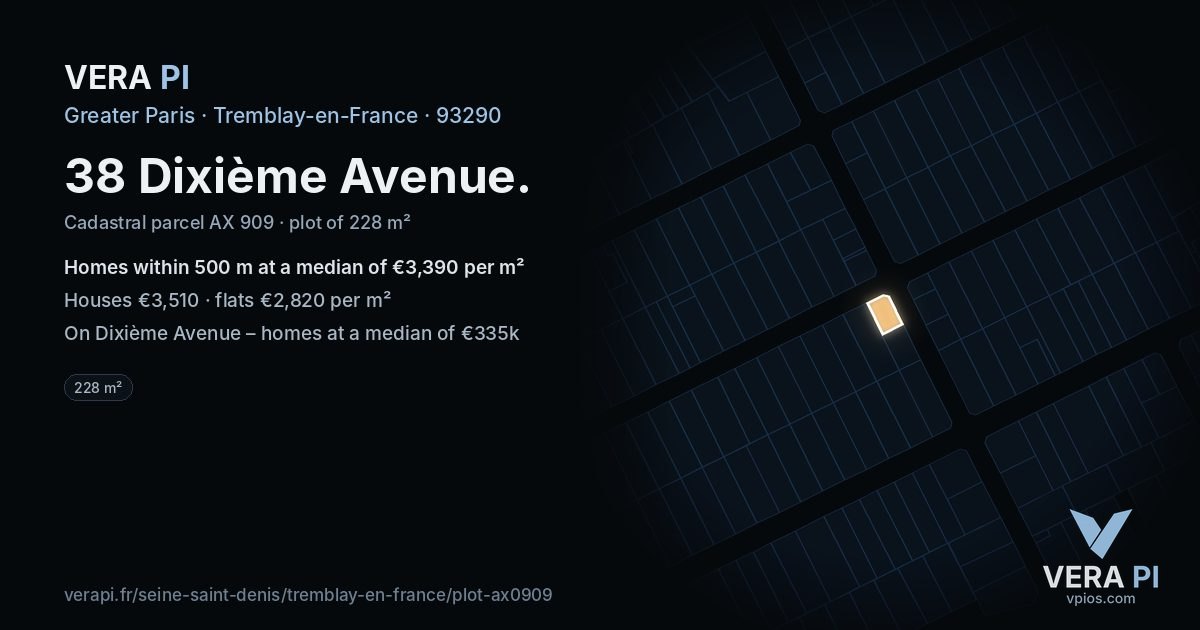 38 Dixième Avenue, Tremblay-en-France at night – the plot lit, the parcels around coloured by the prices near them