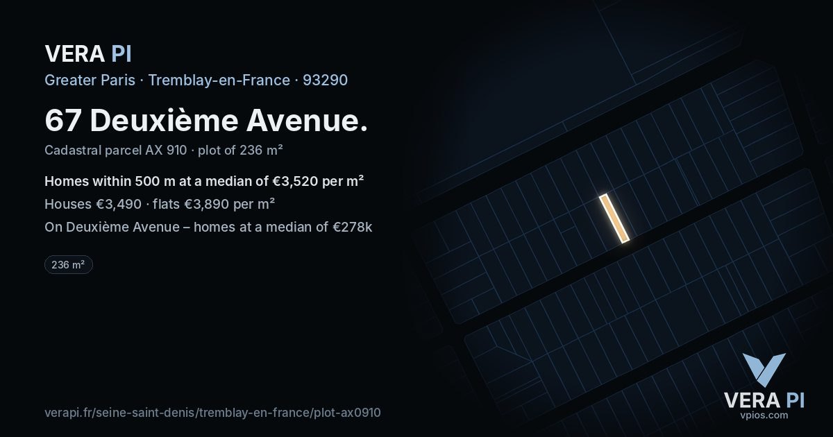 67 Deuxième Avenue, Tremblay-en-France at night – the plot lit, the parcels around coloured by the prices near them